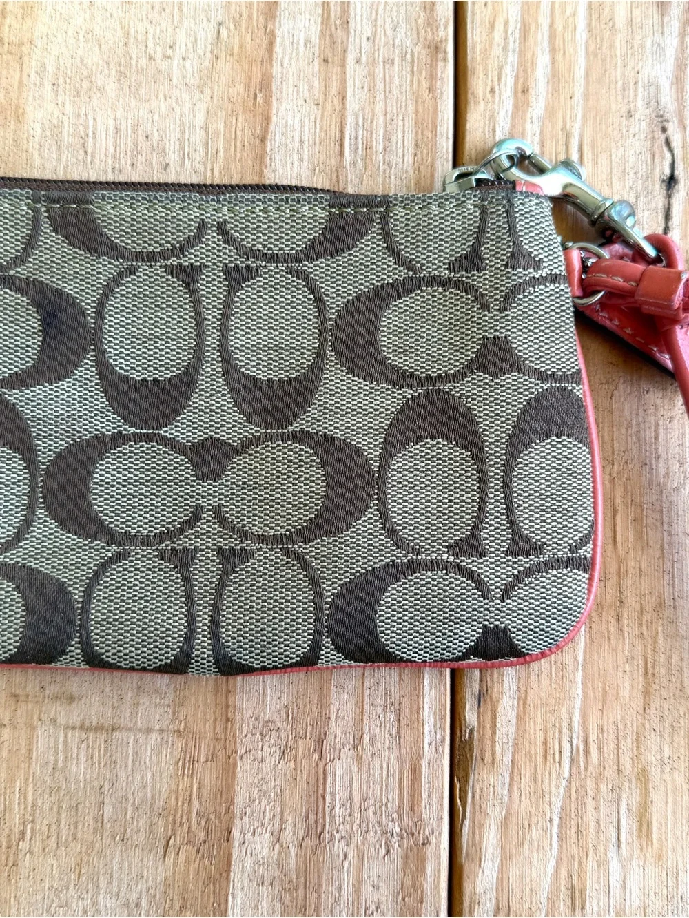 Coach Brown Signature Canvas Wristlet with Coral Trim